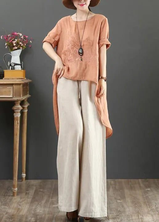 French O Neck Low High Design Cotton Blouse Orange Embroidery Short Shirt