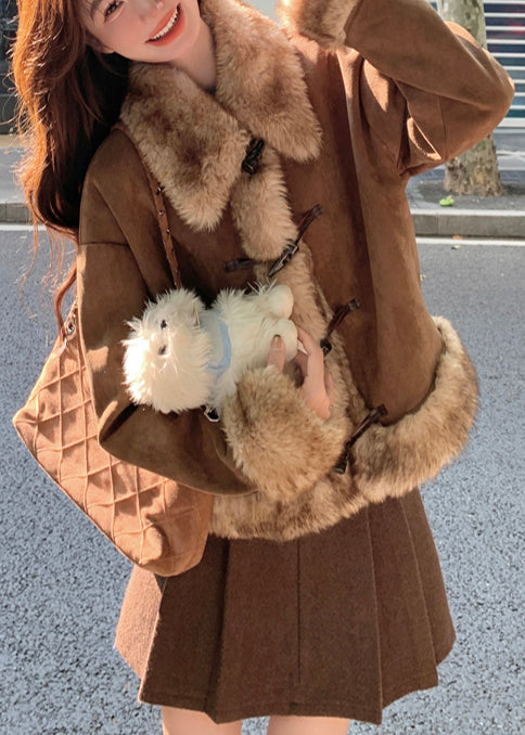 Brown Oversized Patchwork Faux Suede Coat Winter