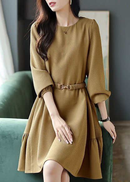 Khaki O Neck Sashes Cotton Mid Dress Long Sleeve