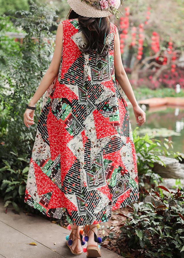 Red Print Cotton Clothes Sleeveless Tie Waist a Line Summer Dresses