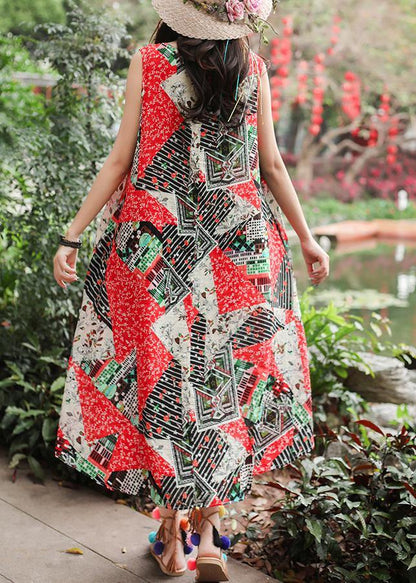 Red Print Cotton Clothes Sleeveless Tie Waist a Line Summer Dresses