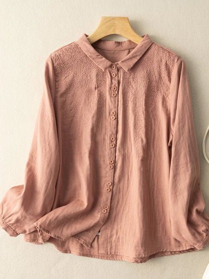 Embroidered Long Sleeve Linen Shirt Top