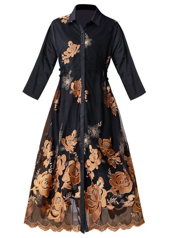 Black Embroidered Tie Waist Tulle Patchwork Shirts Long Dresses Fall