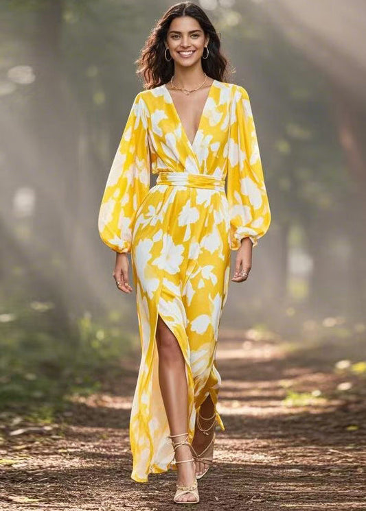 Yellow V Neck Print Side Open Chiffon Dress Spring