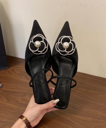 French Black Splicing Slide Sandals Pointed Toe