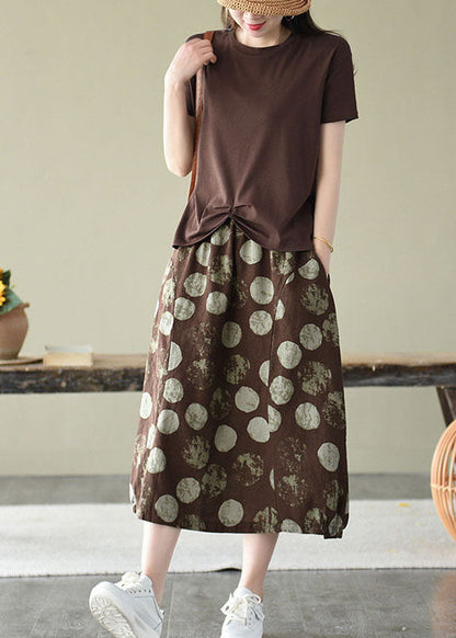 Chocolate Elastic Waist Pockets Linen Skirt Summer