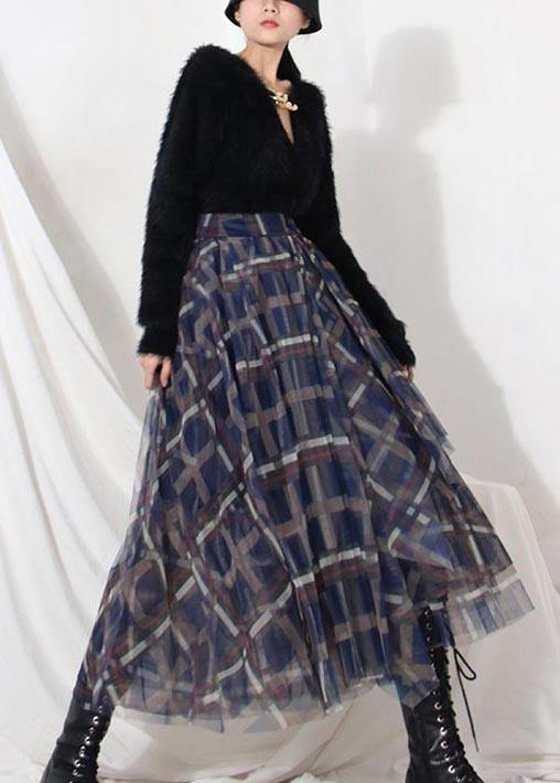 Blue Plaid Zippered a Line Skirt Summer
