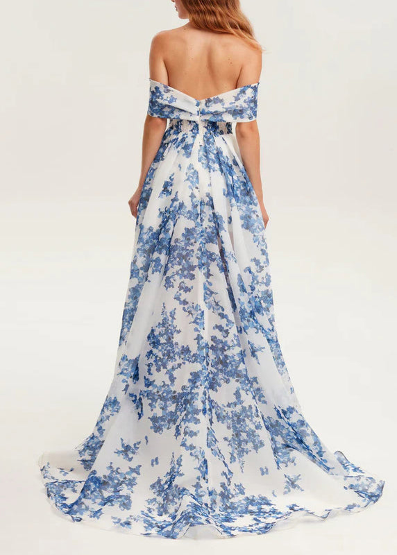 New Off Shoulder Print Organza Long Dress Summer
