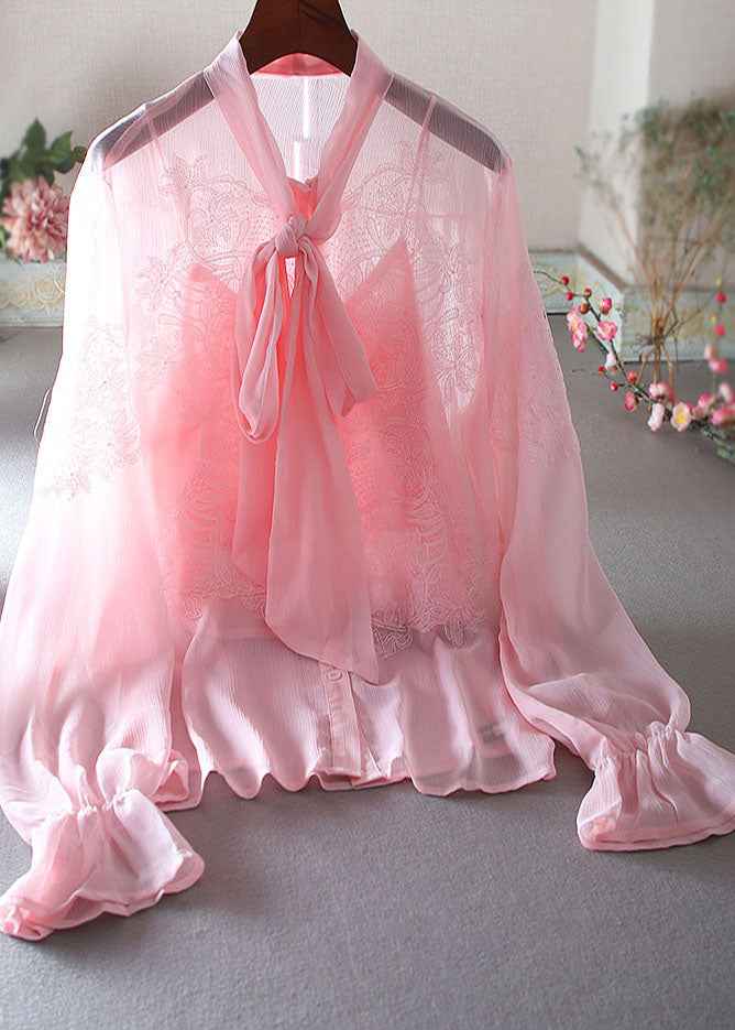Pink Embroidered Chiffon Shirt Top Spring