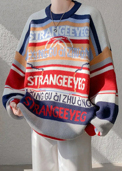 Navy Letter Patchwork Knit Sweater O Neck Winter