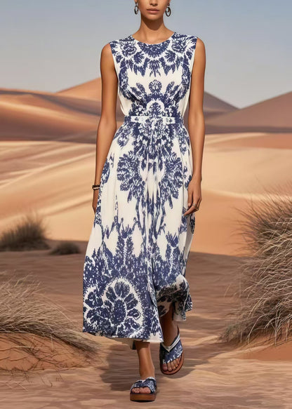 Classy Blue Print Cotton Long Dress Cinched Summer