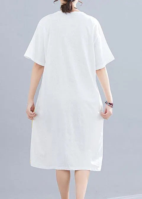 Patchwork O Neck Linen Dresses Sewing White Dresses Summer
