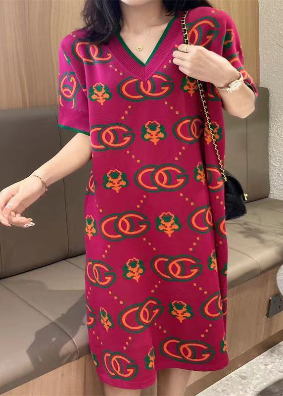 Rose V Neck Print Knit Dress Short Sleeve
