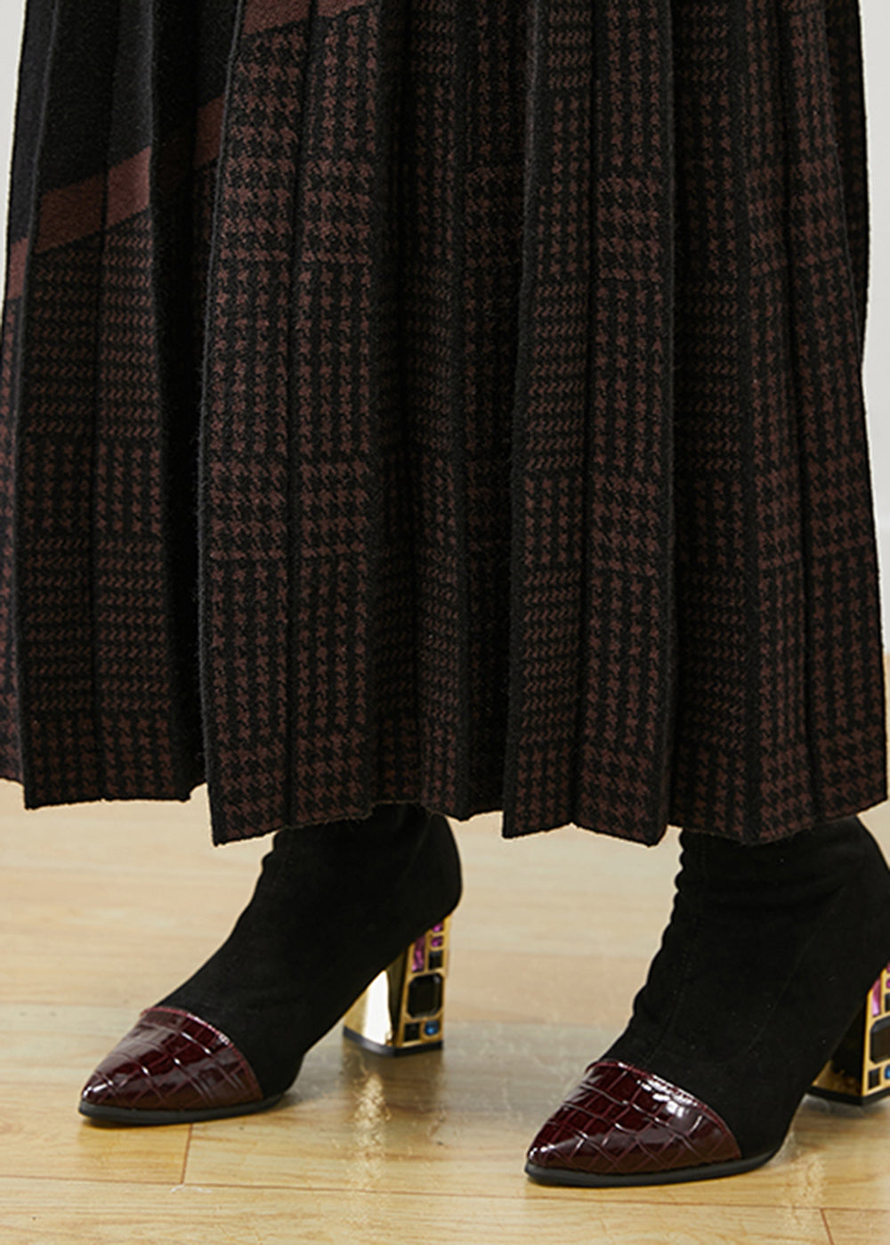 Black Elastic Waist Print Woolen Pleated Skirt Fall