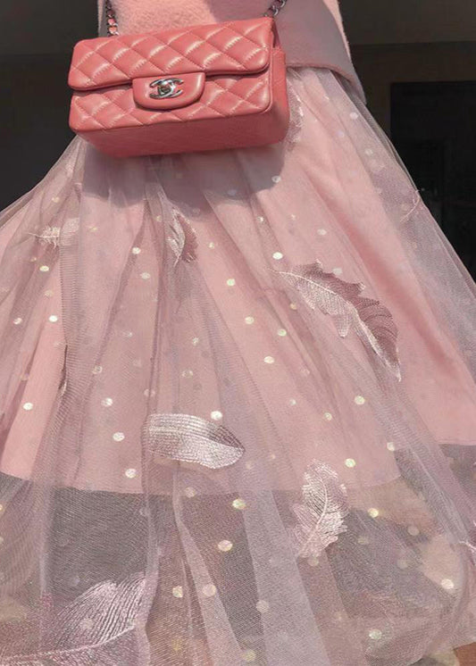 Pink Feathers Embroidered Wrinkled Tulle Skirt Spring