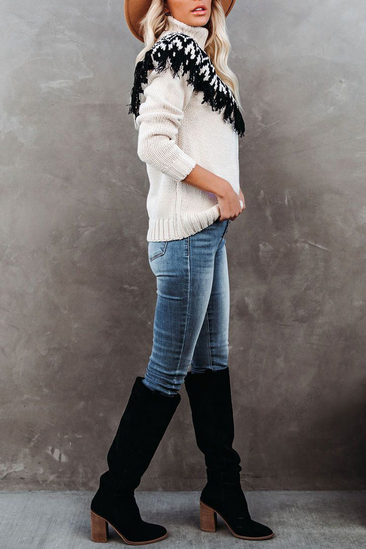 Embroidered Fringe Turtleneck Sweater