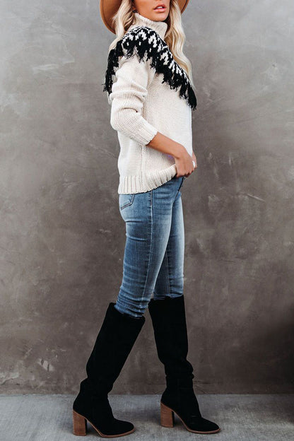 Embroidered Fringe Turtleneck Sweater