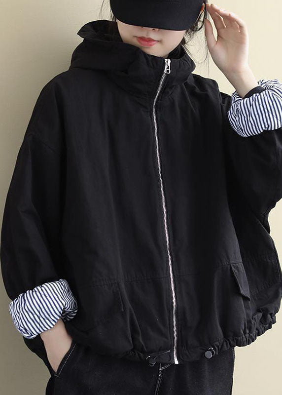 Black Hooded Zippered Winter Cotton Long Sleeve Coat