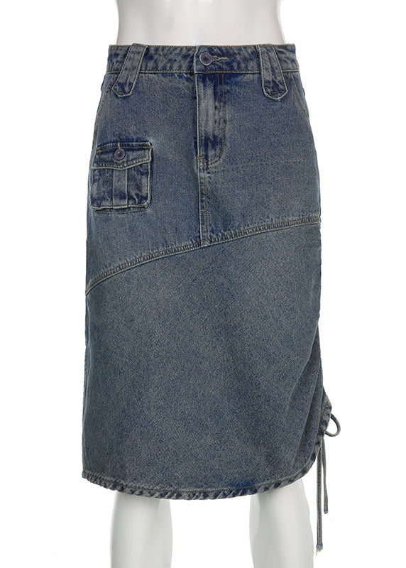 Blue Drawstring Pockets Patchwork Denim Skirt Fall