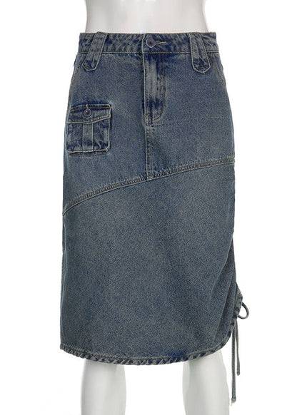 Blue Drawstring Pockets Patchwork Denim Skirt Fall