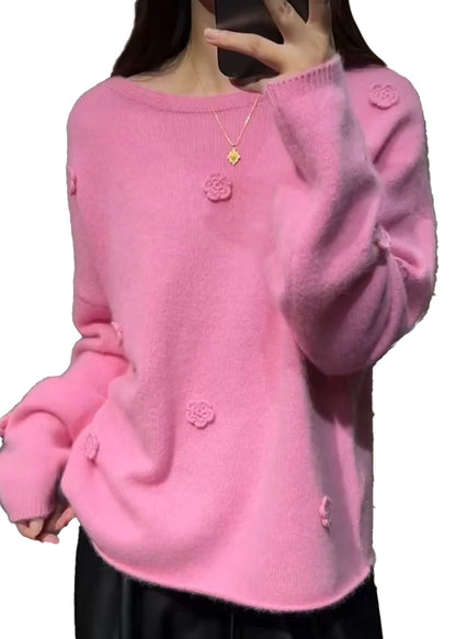 Pink Thick Cotton Knit Sweaters Long Sleeve