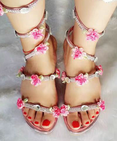 Snake Shaped Entangled Flower Rhinestone Roman Flat Sandals