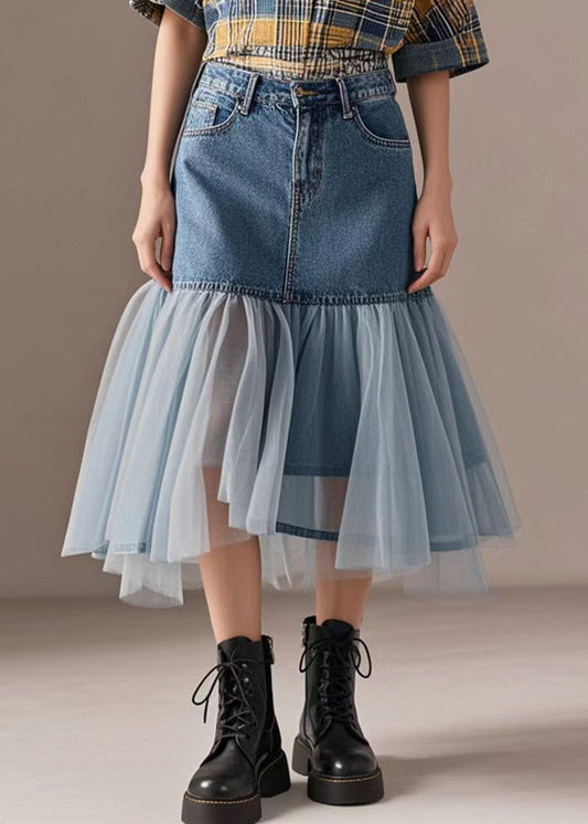Blue Wraped Patchwork Tulle Denim Skirts Spring