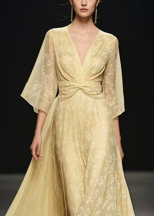Light Yellow Cinched Exra Large Hem Chiffon Long Dress Summer