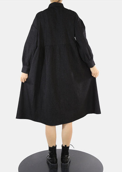 Style Black Asymmetrical Design Cinched Peter Pan Collar Denim Dress