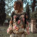 Bohemian Style Three-dimensional Flower Knitted Pattern Women's V-neck Long-sleeve Knitted Sweater artswardrobe
