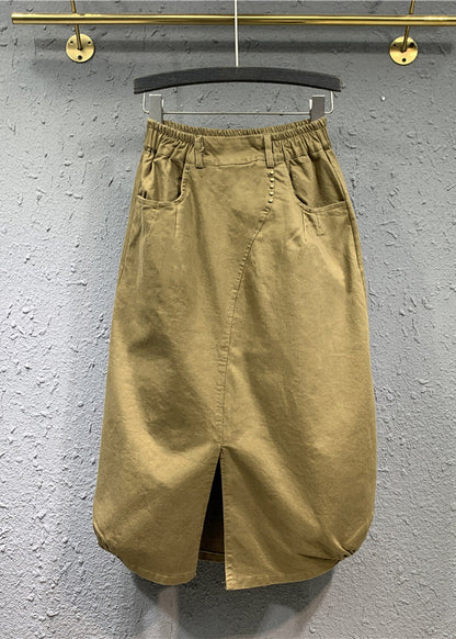 Khaki Wrinkled Pockets Patchwork Cotton Skirts Fall