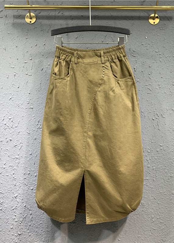 Khaki Wrinkled Pockets Patchwork Cotton Skirts Fall