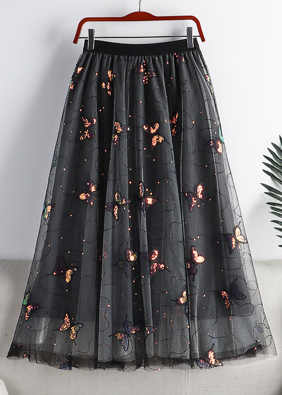Black Embroideried Sequins Layered Tulle a Line Skirt Summer