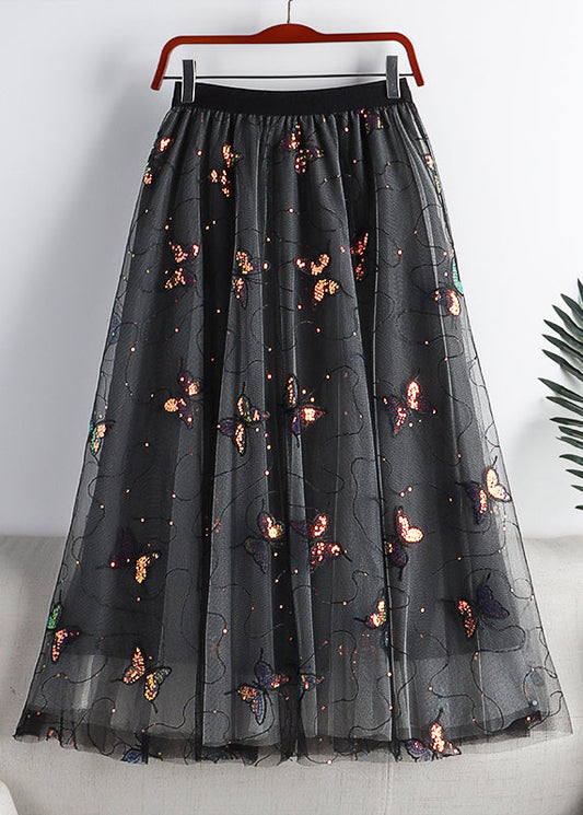 Black Embroideried Sequins Layered Tulle a Line Skirt Summer