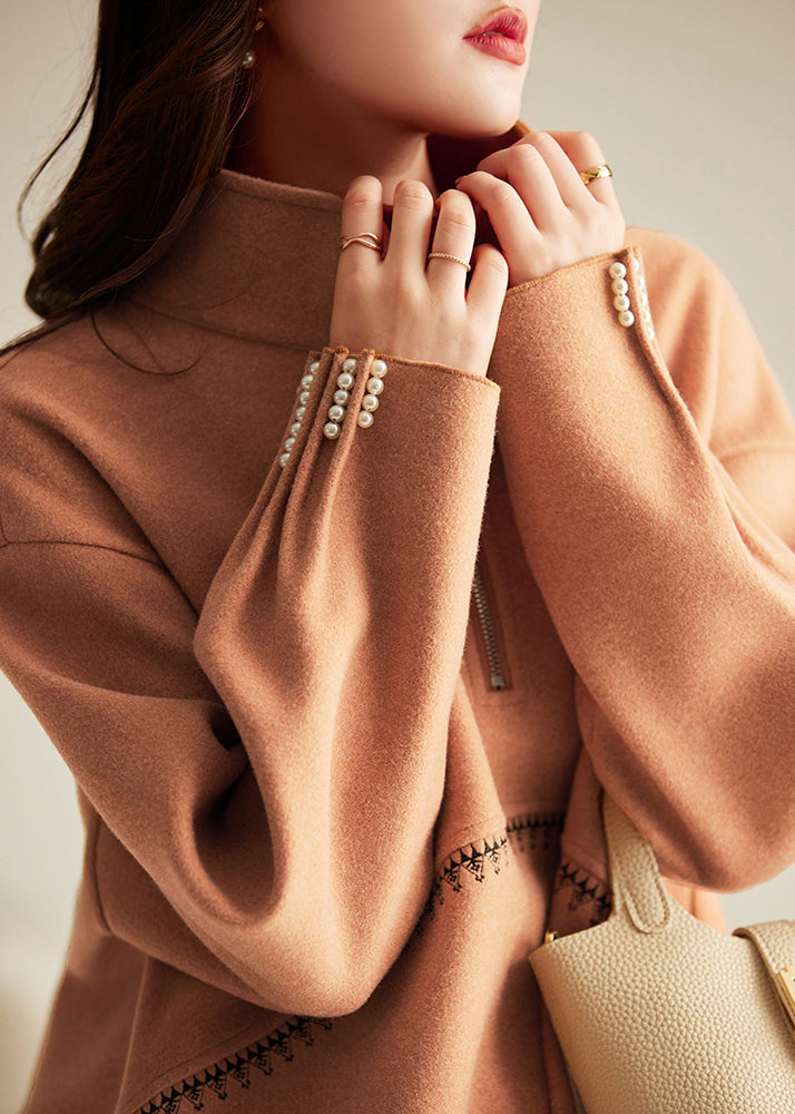 Brown Oversized Nail Bead Cotton Loose Sweatshirts Top Spring