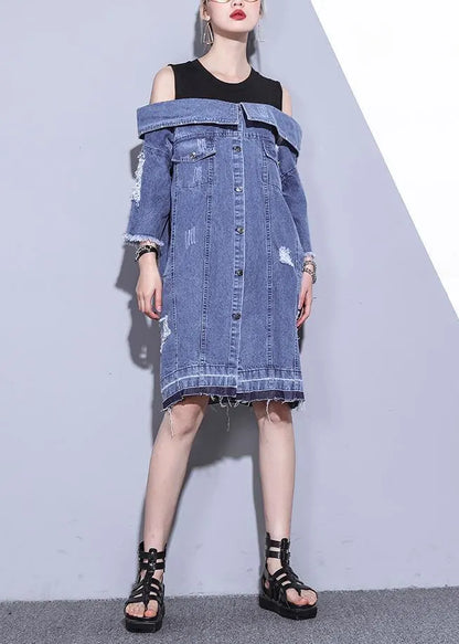 100% Denim Blue Cotton Long Shirts Slash Neck Oversized Summer Dresses