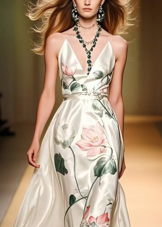 White Print Draping Silk Cami Dresses Summer