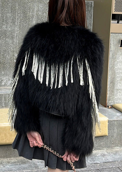Black V Neck Patchwork Faux Leather and Faux Fur Coats Winter