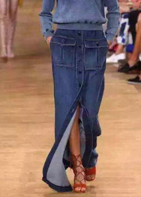 Blue Pockets Button Patchwork Denim Maxi Skirt Summer