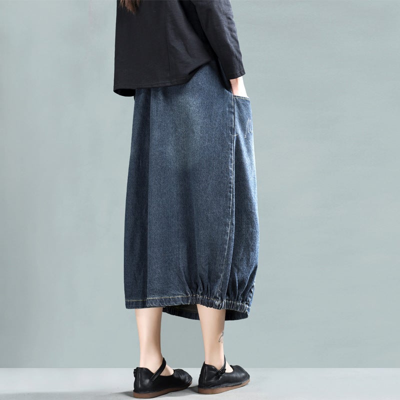 Retro A-line Cotton Denim Skirt