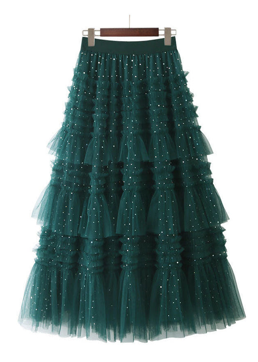 Green Elastic Waist Sequins Ruffled Tulle Skirts Spring