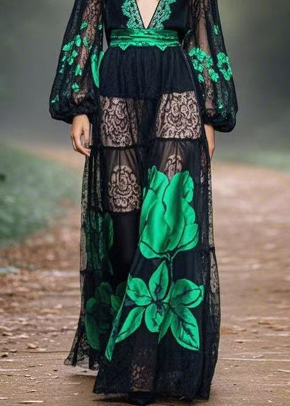 Black Print Original Design Chiffon Long Dress Spring