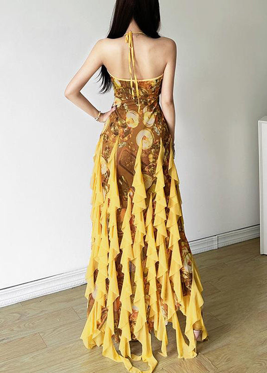 Yellow Ruffled Print Front Open Tulle Dress Sleeveless
