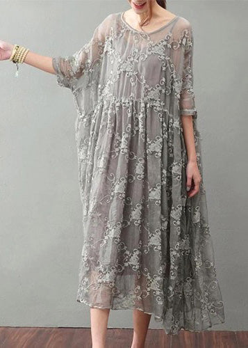 Gray Maxi Dress Lace Gown Top Quality Bracelet Sleeved Gown ( Limited Stock)