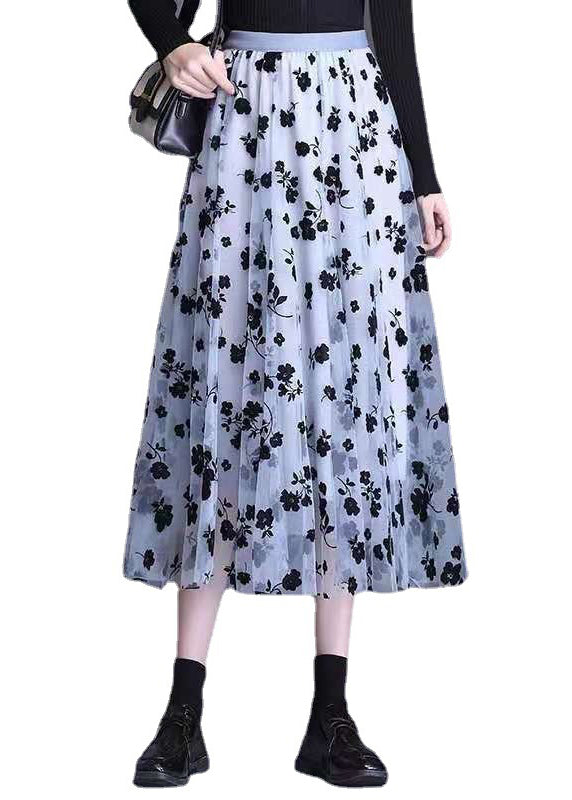 Light Blue Tulle Print a Line Fall Skirts