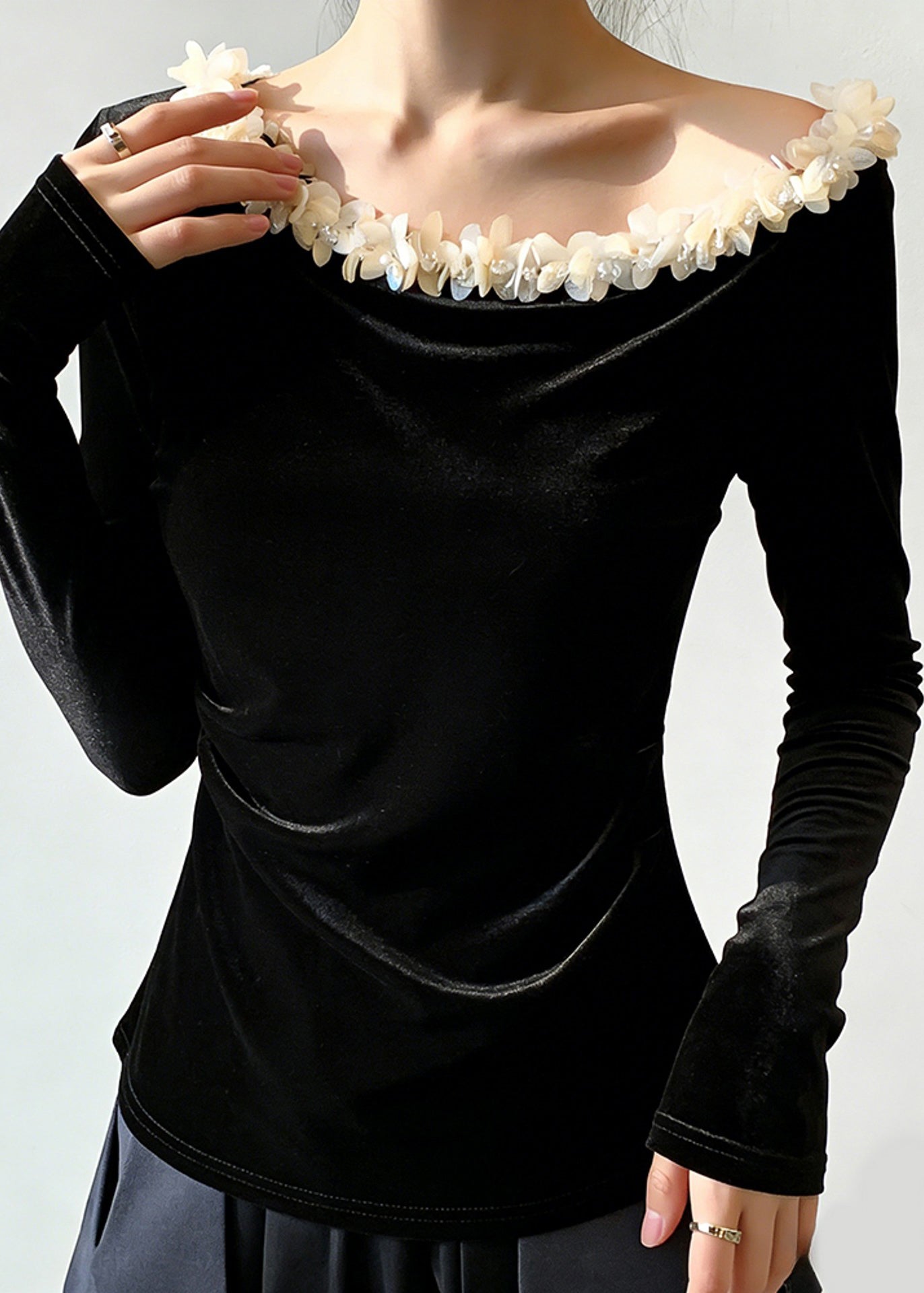 Black Patchwork Silk Velour T Shirt Spring