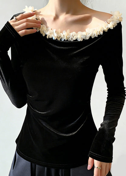 Black Patchwork Silk Velour T Shirt Spring