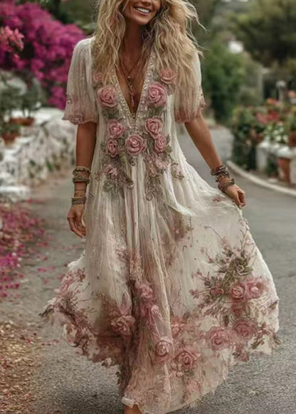 Pink V Neck Print Maxi Dress Summer