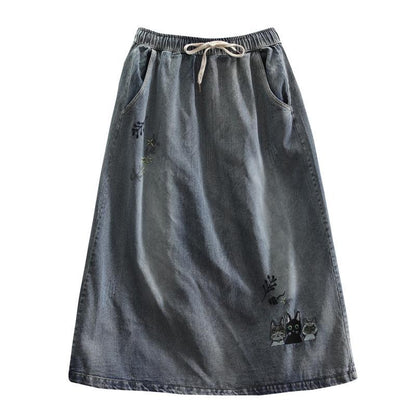 Embroidered Denim Retro Art Long Skirt