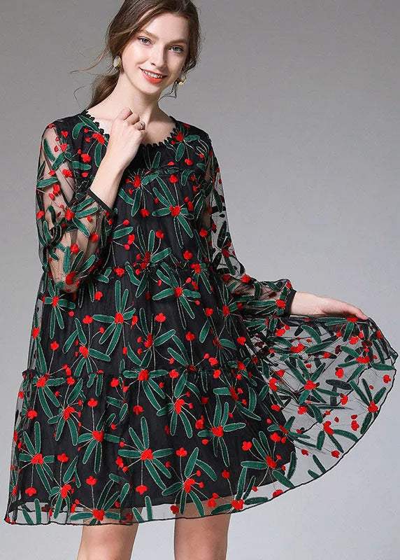 Black Embroideried Tulle Lace a Line Dress Long Sleeve